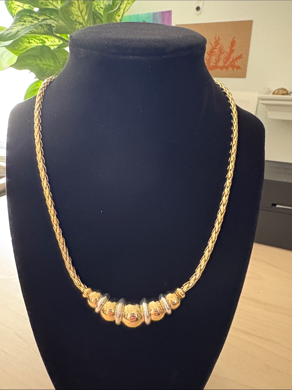 Gold-Tone Braided Chain Necklace with Polished Bead Accents